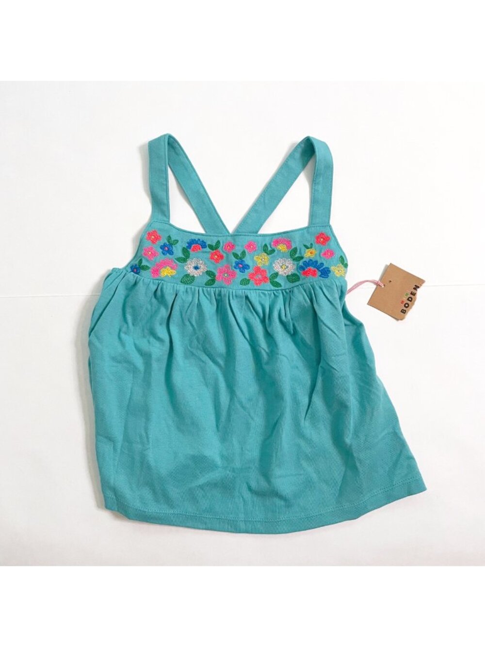 NWT Mini Boden Turquoise Embroidered Cross Strap Tank Top, Size 5/6